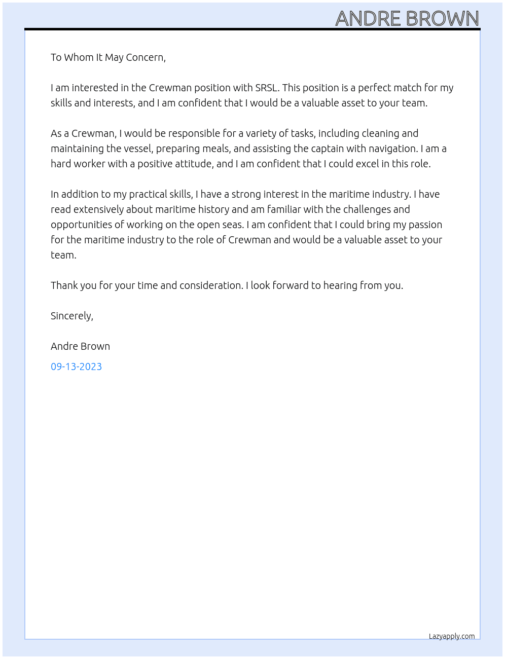 Crewman At SRSL Cover Letter