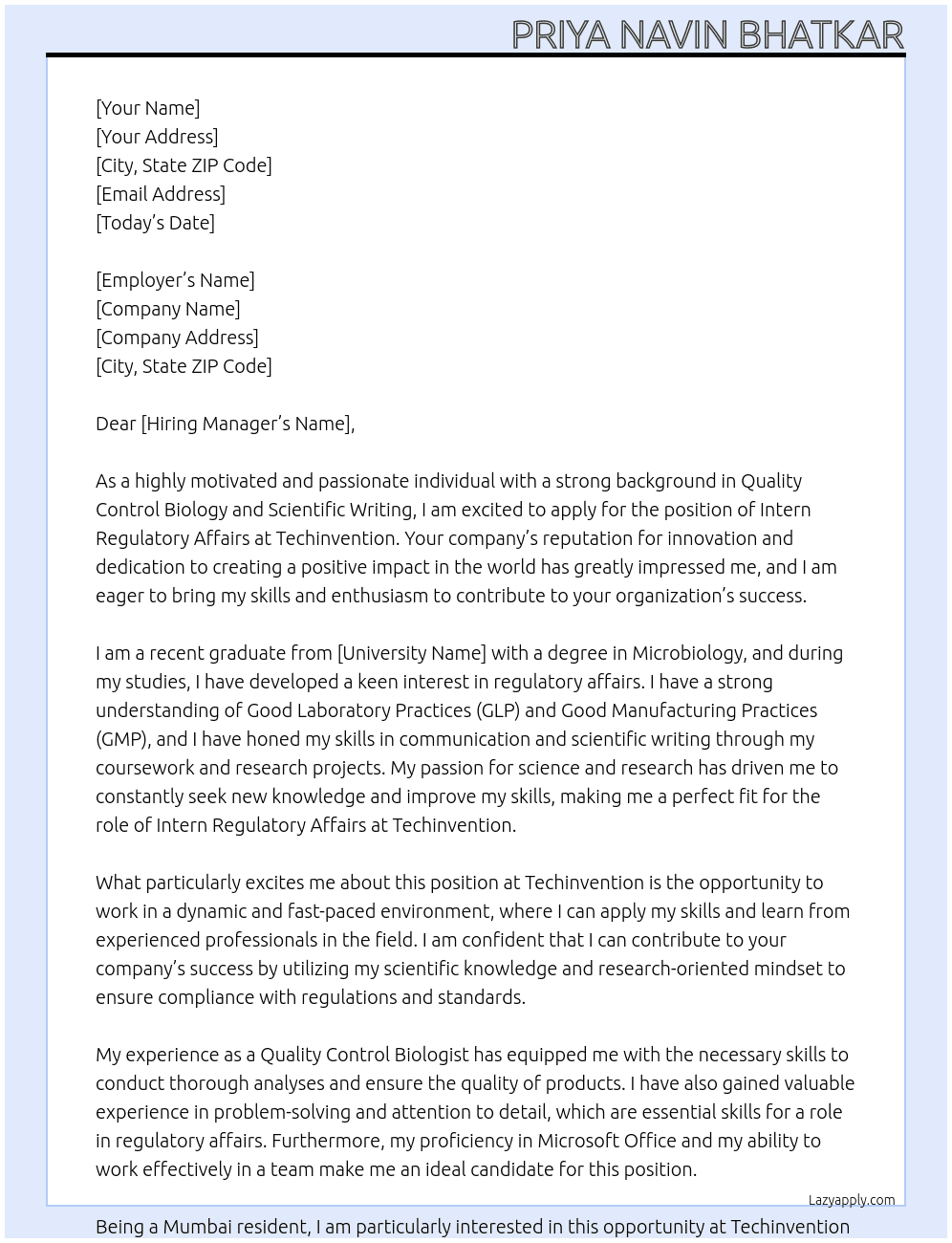 Intern Regulatory affairs  At Techinvention  Cover Letter
