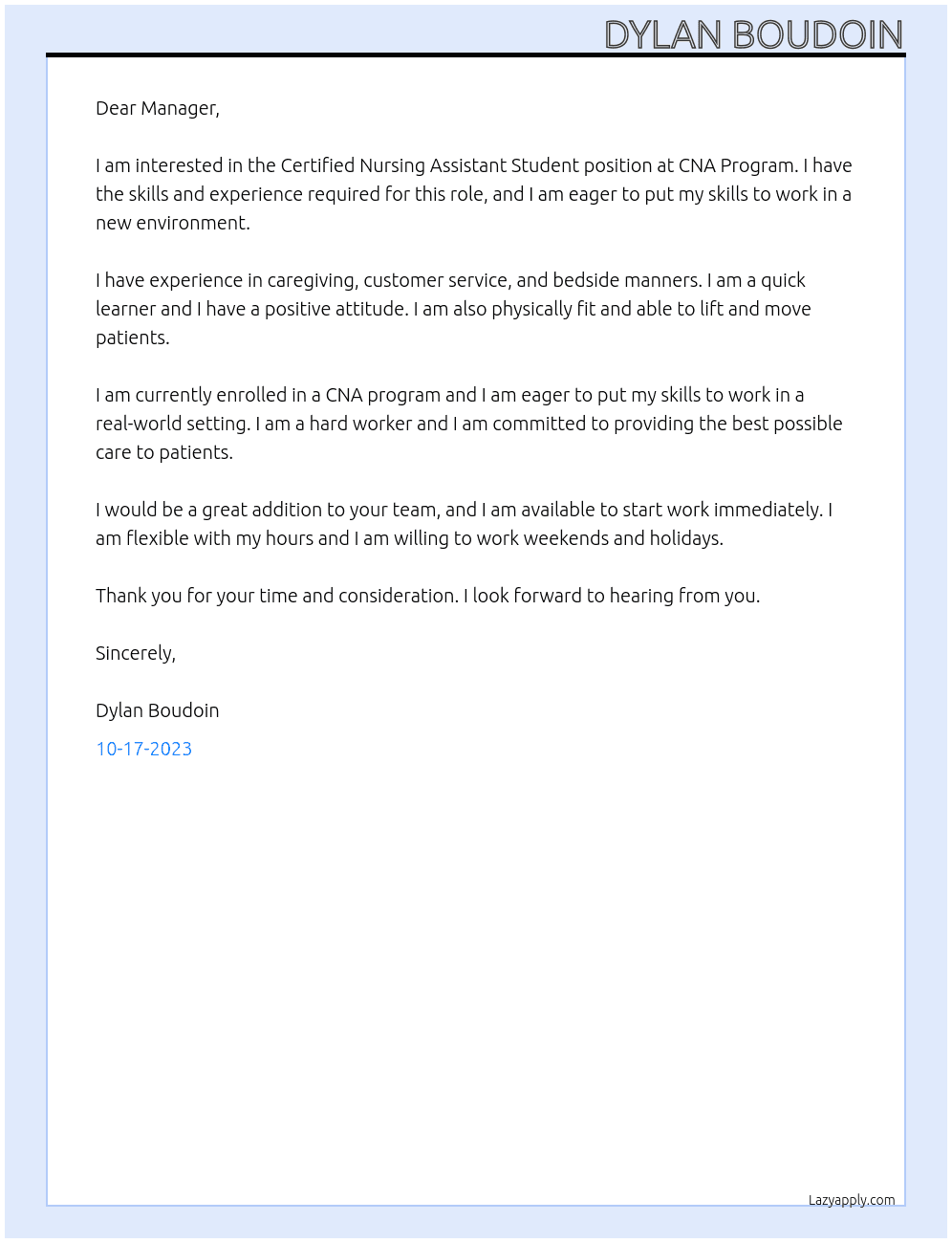 Certified Nursing Assistant Student At CNA Program Cover Letter