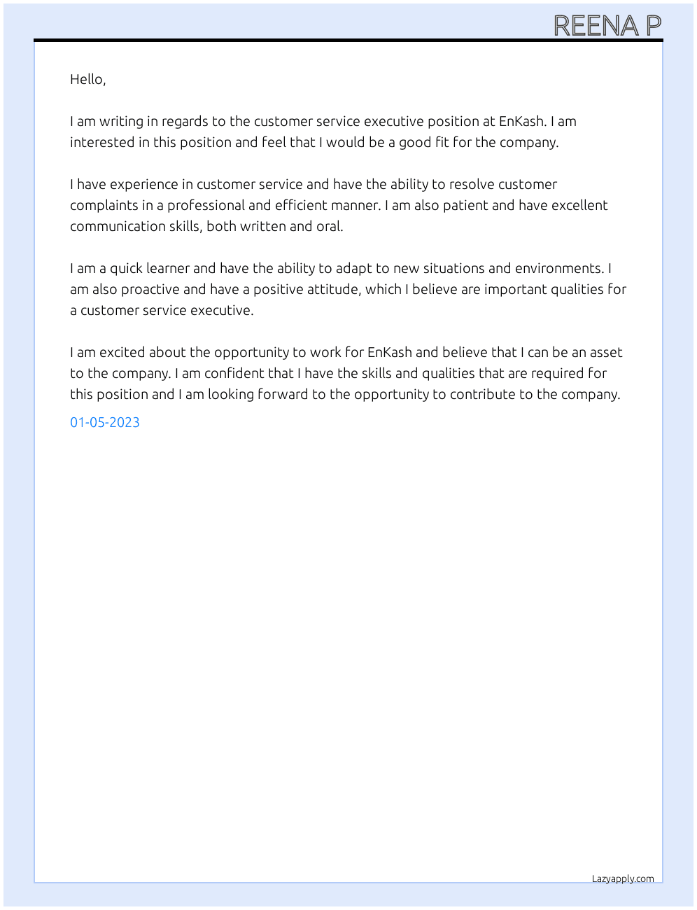 customer service executive At EnKash Cover Letter