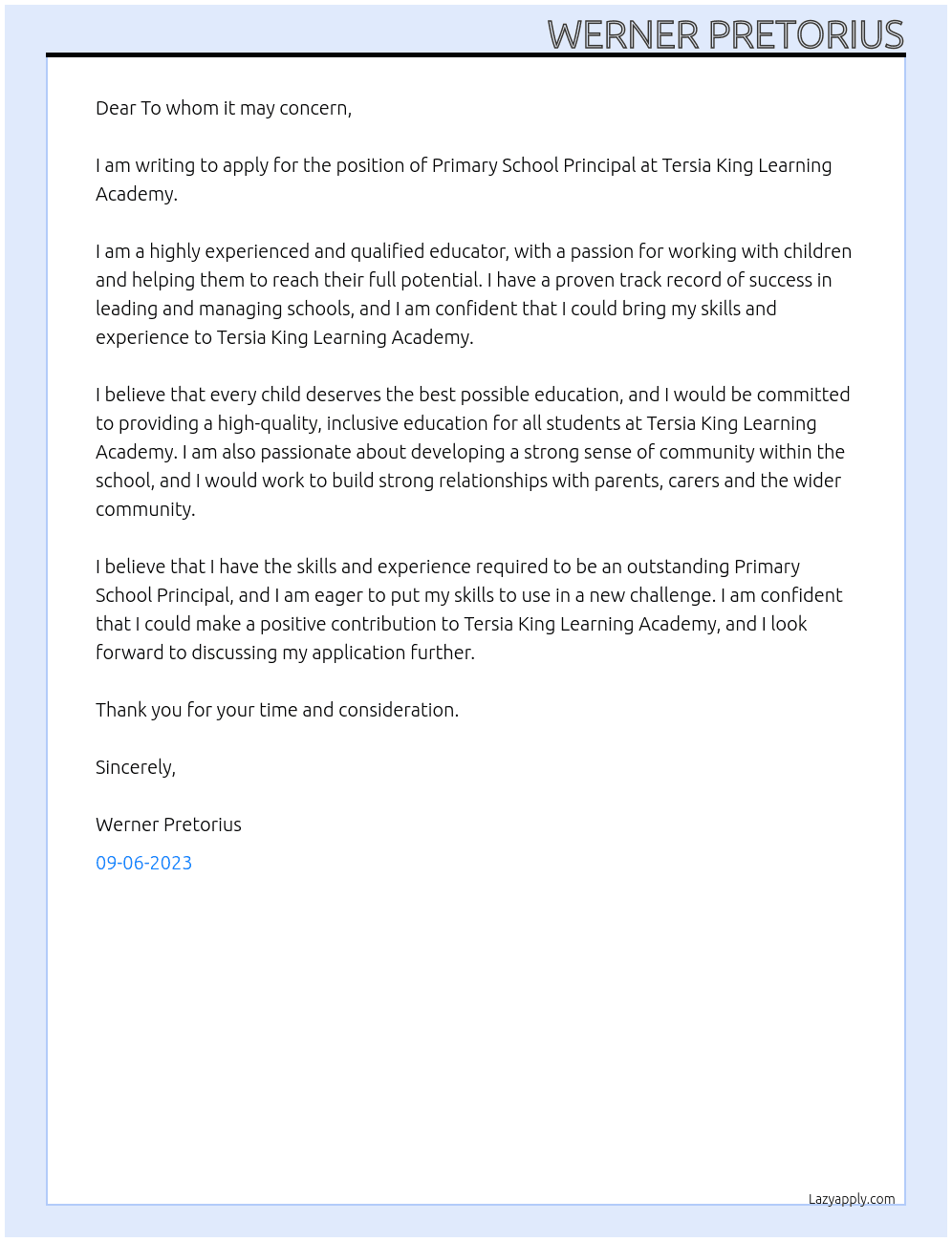Primary School Principal At Tersia King Learning Academy Cover Letter