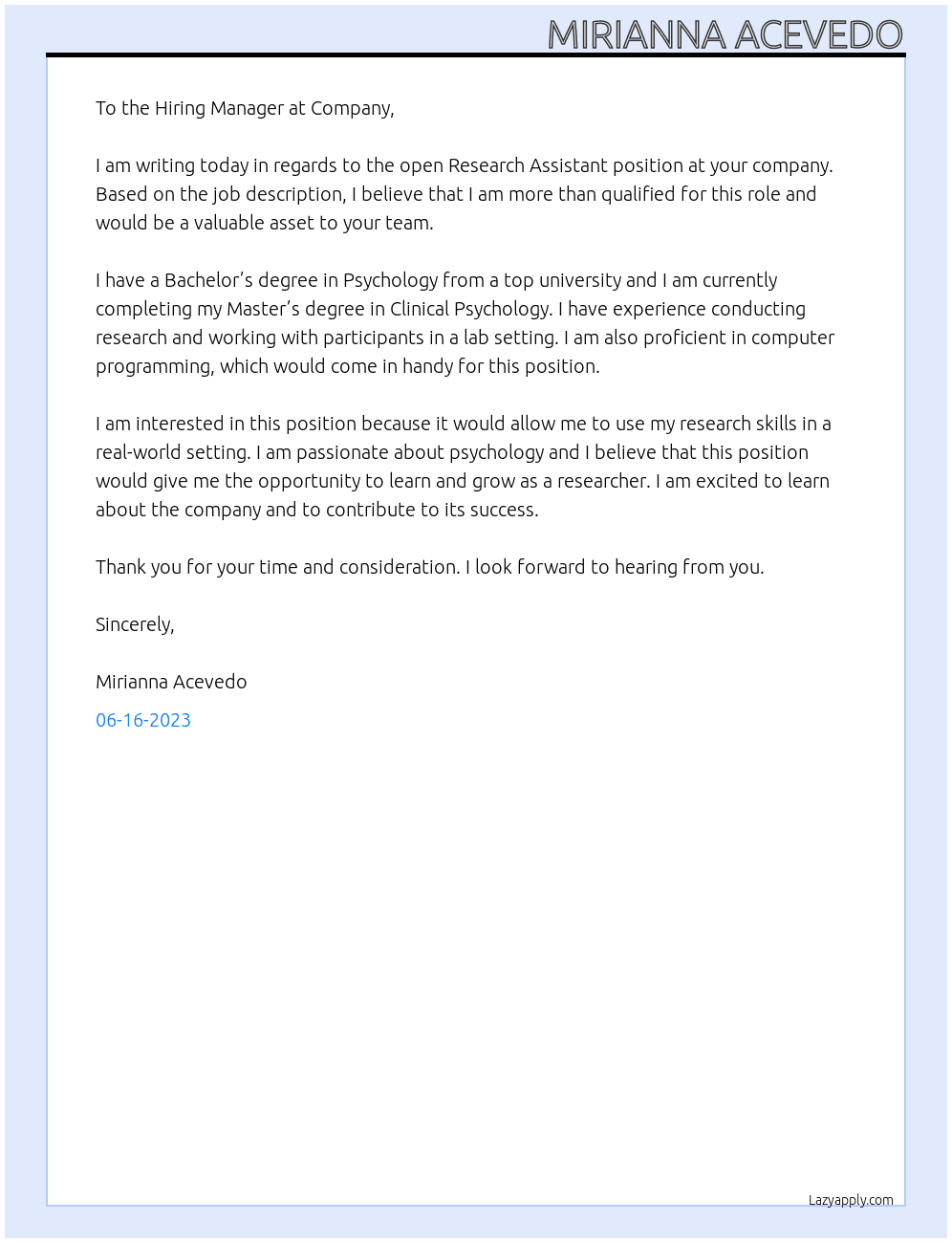 Research Assistant At Company Cover Letter
