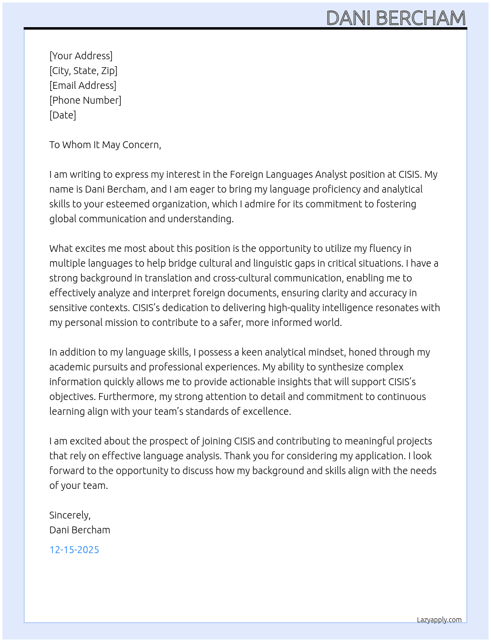 Foreign Languages Analyst At CISIS Cover Letter