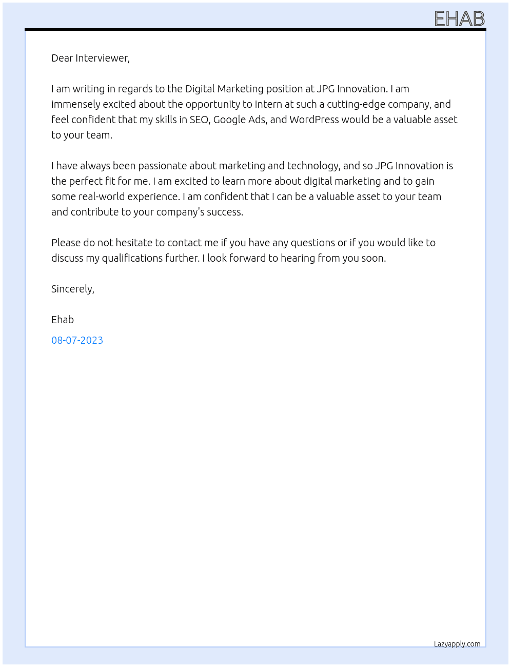 Digital marketing  At JPG innovation  Cover Letter