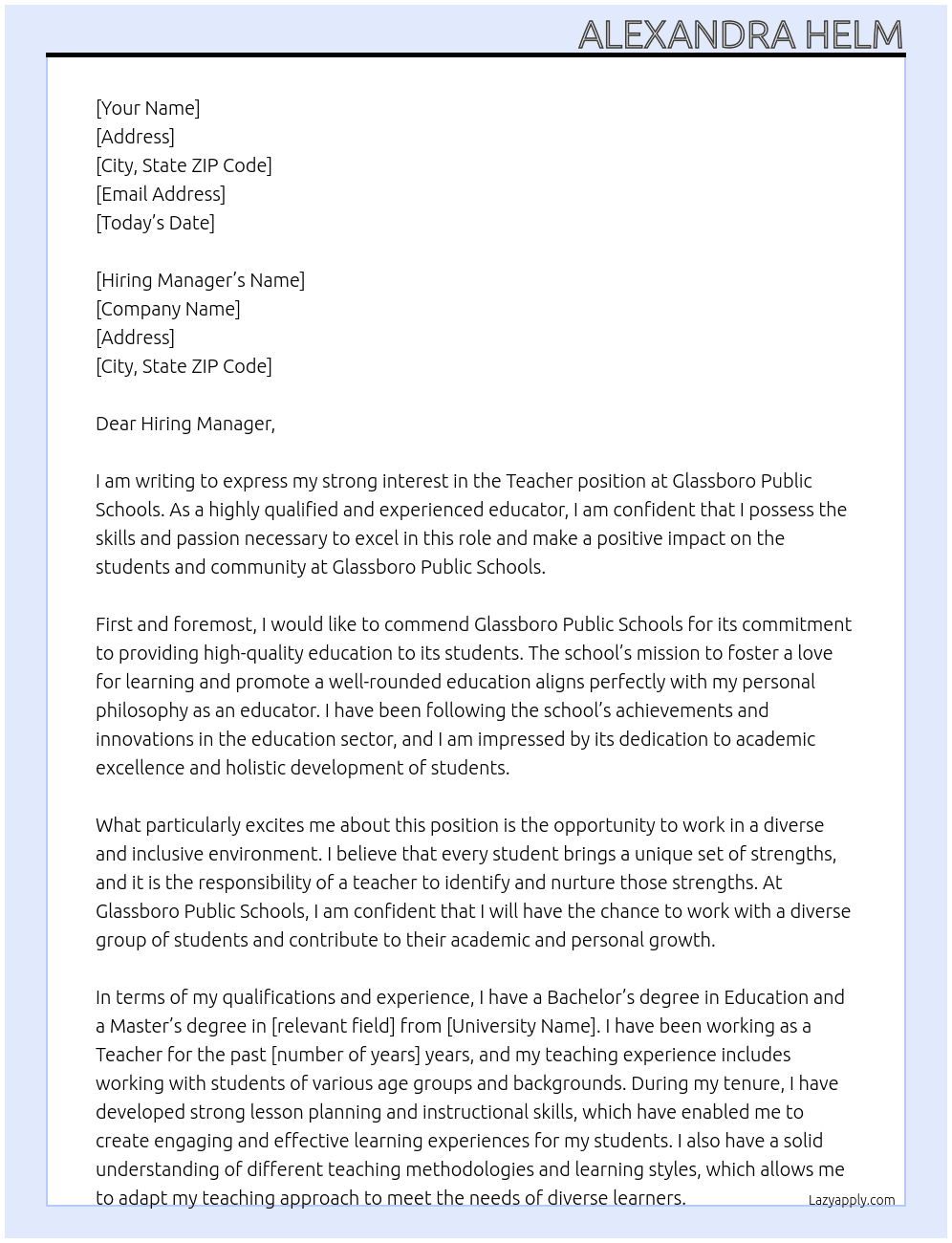 Teacher At Glassboro Public Schools Cover Letter