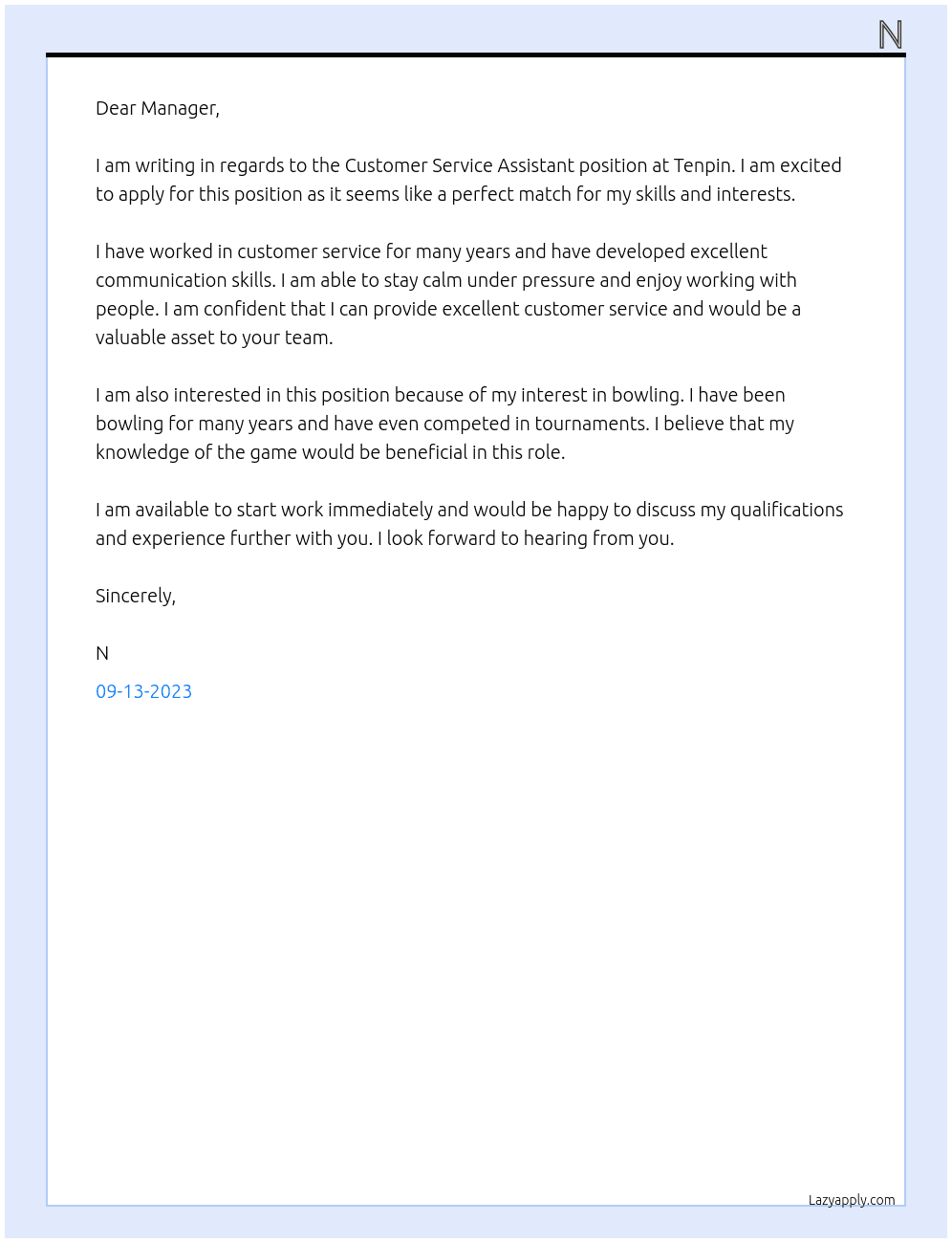 Custoer Service Assistant At Tenpin Cover Letter
