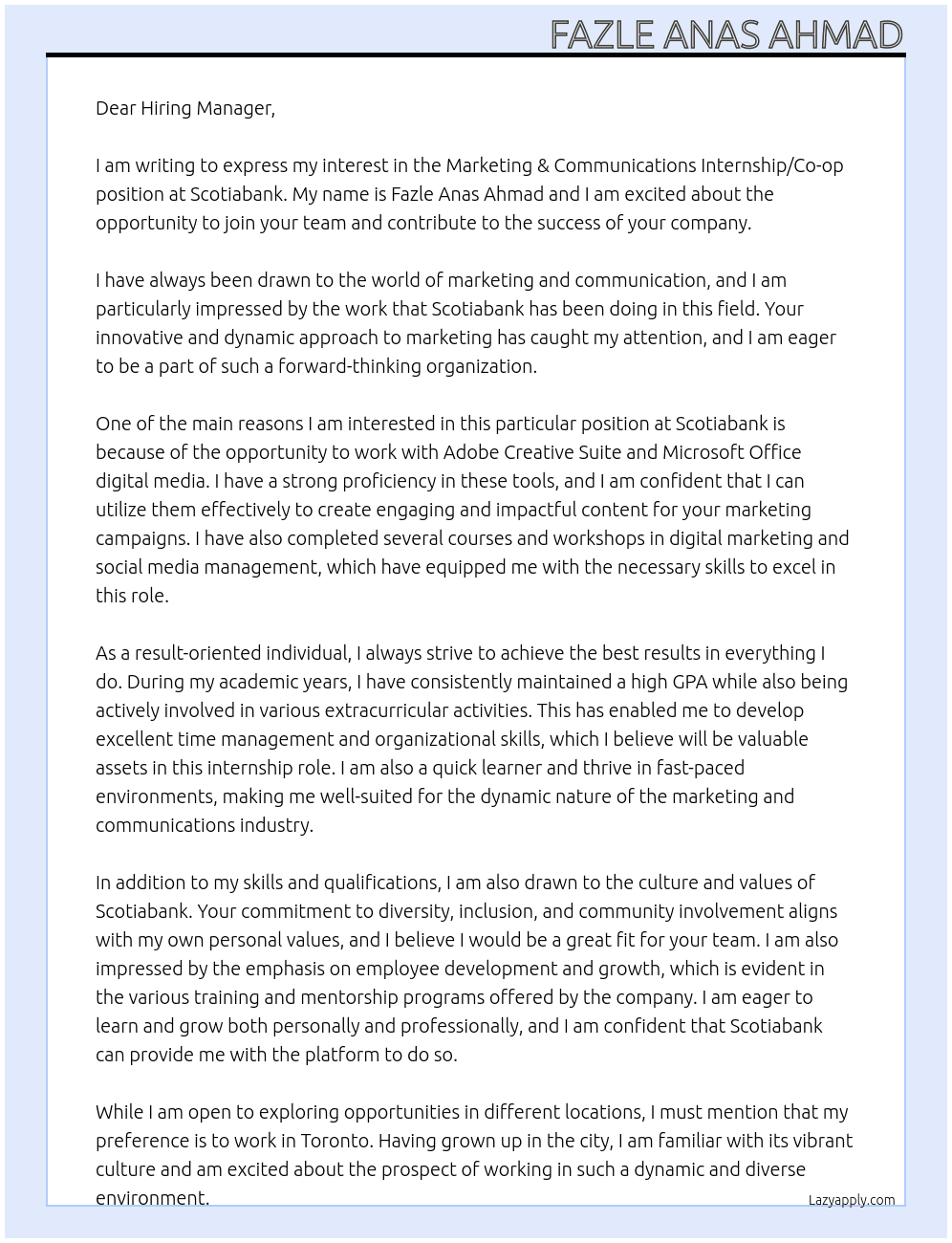 Marketing & Communications Internship/Co-op At Scotiabank Cover Letter