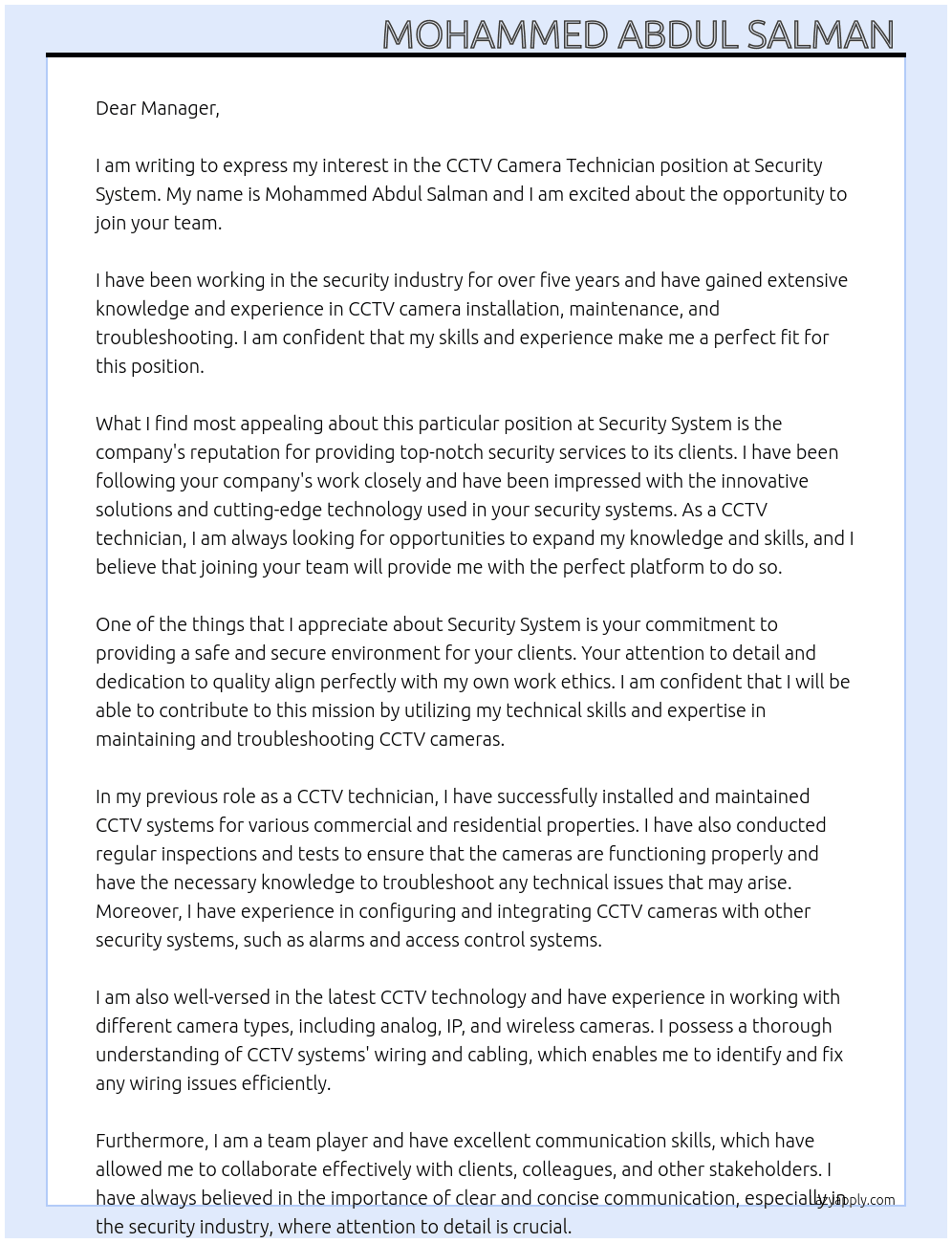 Cctv camera technician  At Security system  Cover Letter