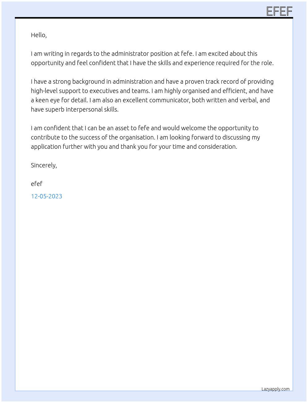 administrator At fefe Cover Letter