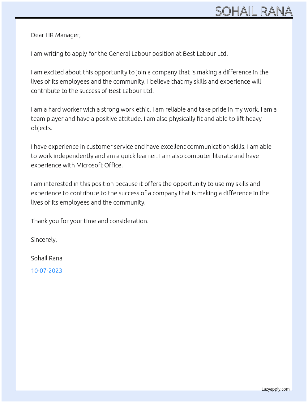 General Labour At Best Labour Ltd Cover Letter