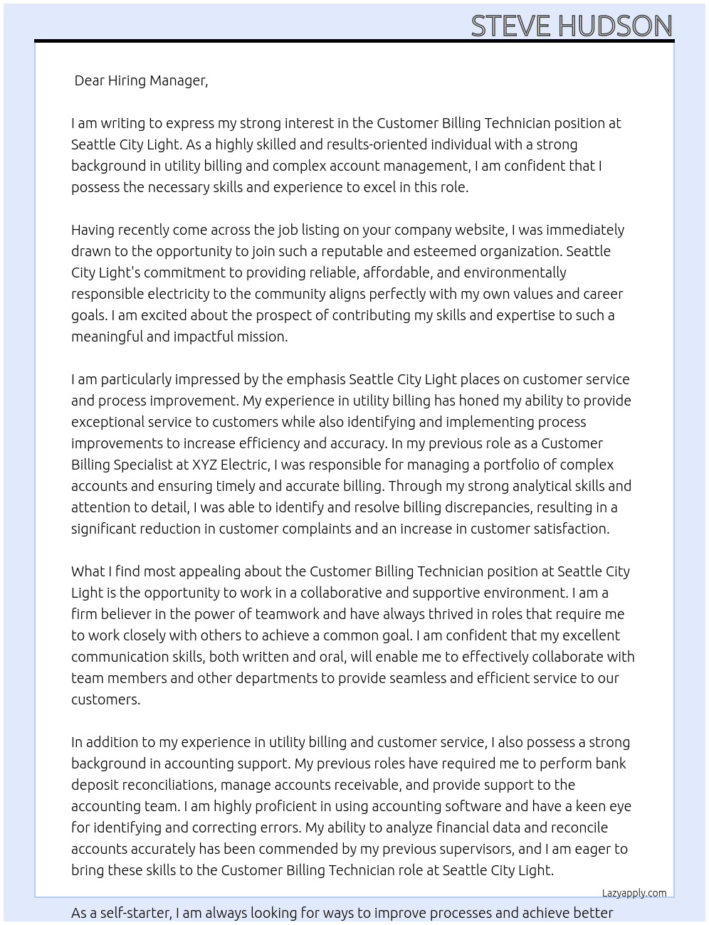 Customer Billing Technician At Seattle City Light Cover Letter