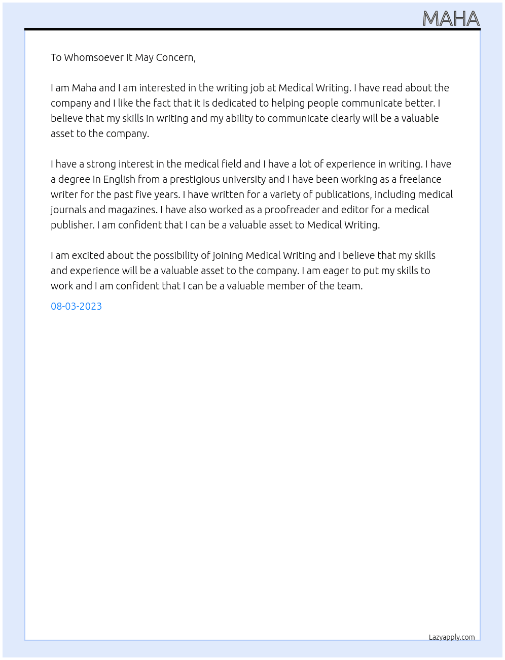 Writing job  At Medical writing  Cover Letter