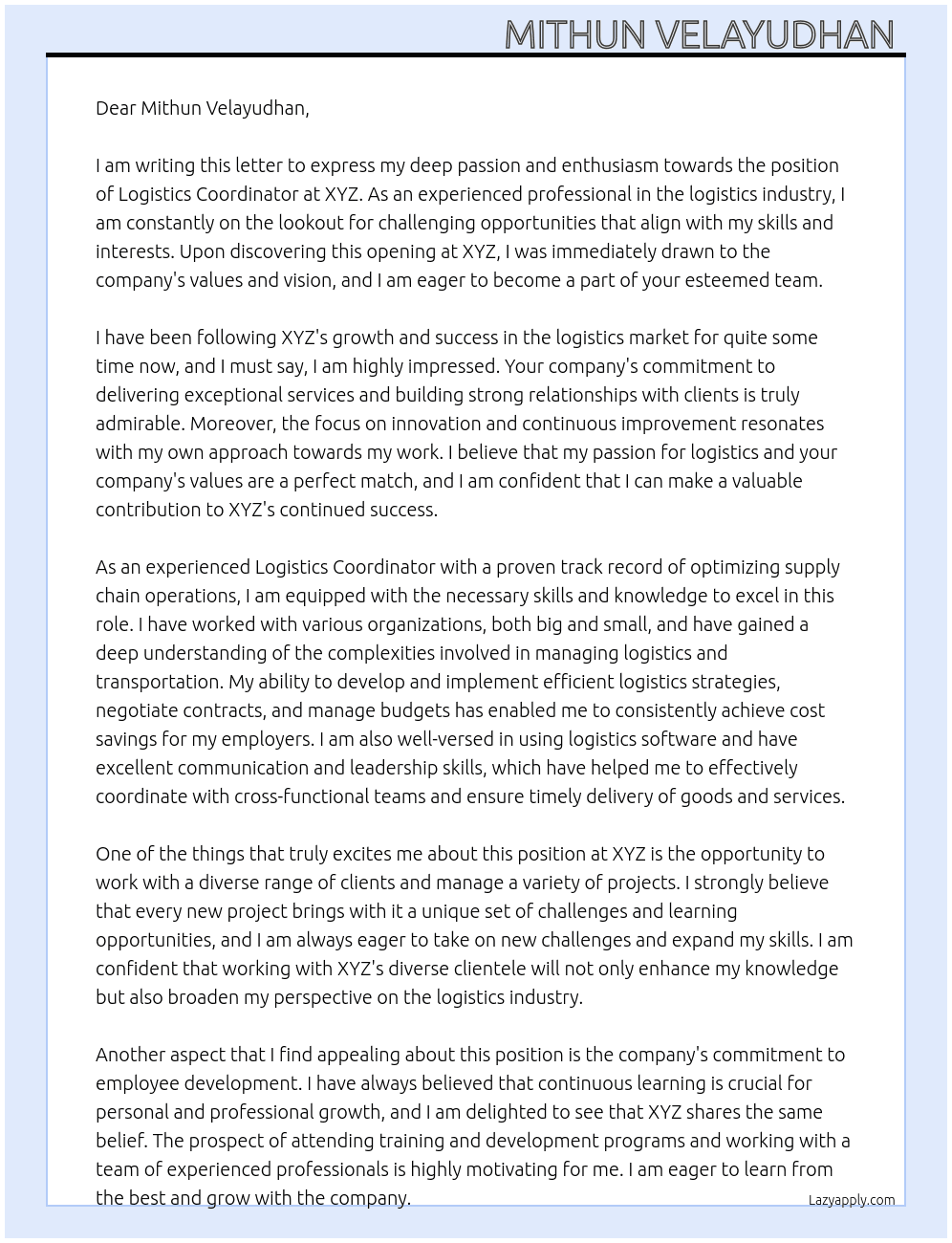 Logistics Coordinator  At XYZ  Cover Letter