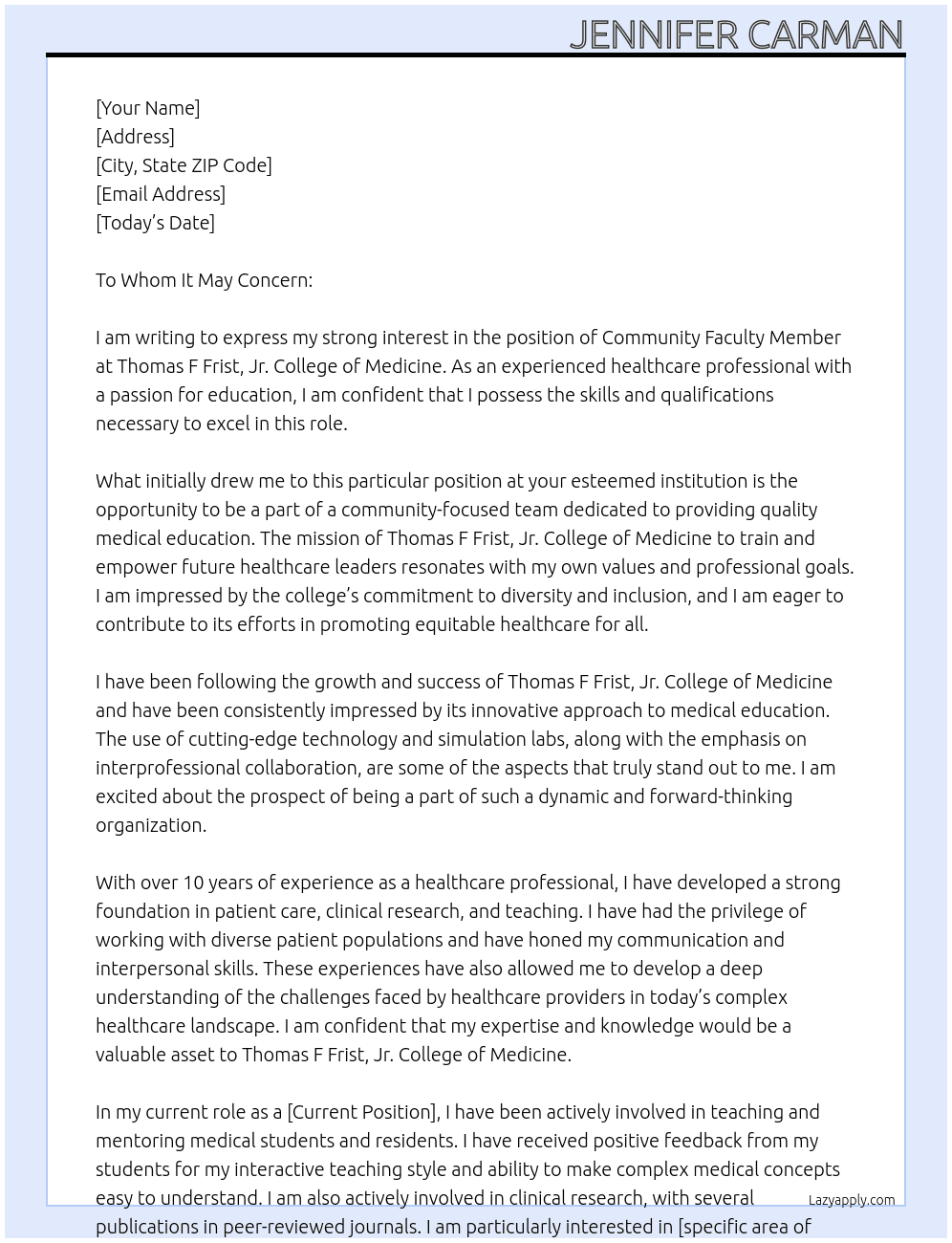 Community Faculty Member At Thomas F Frist, Jr. College of Medicine Cover Letter