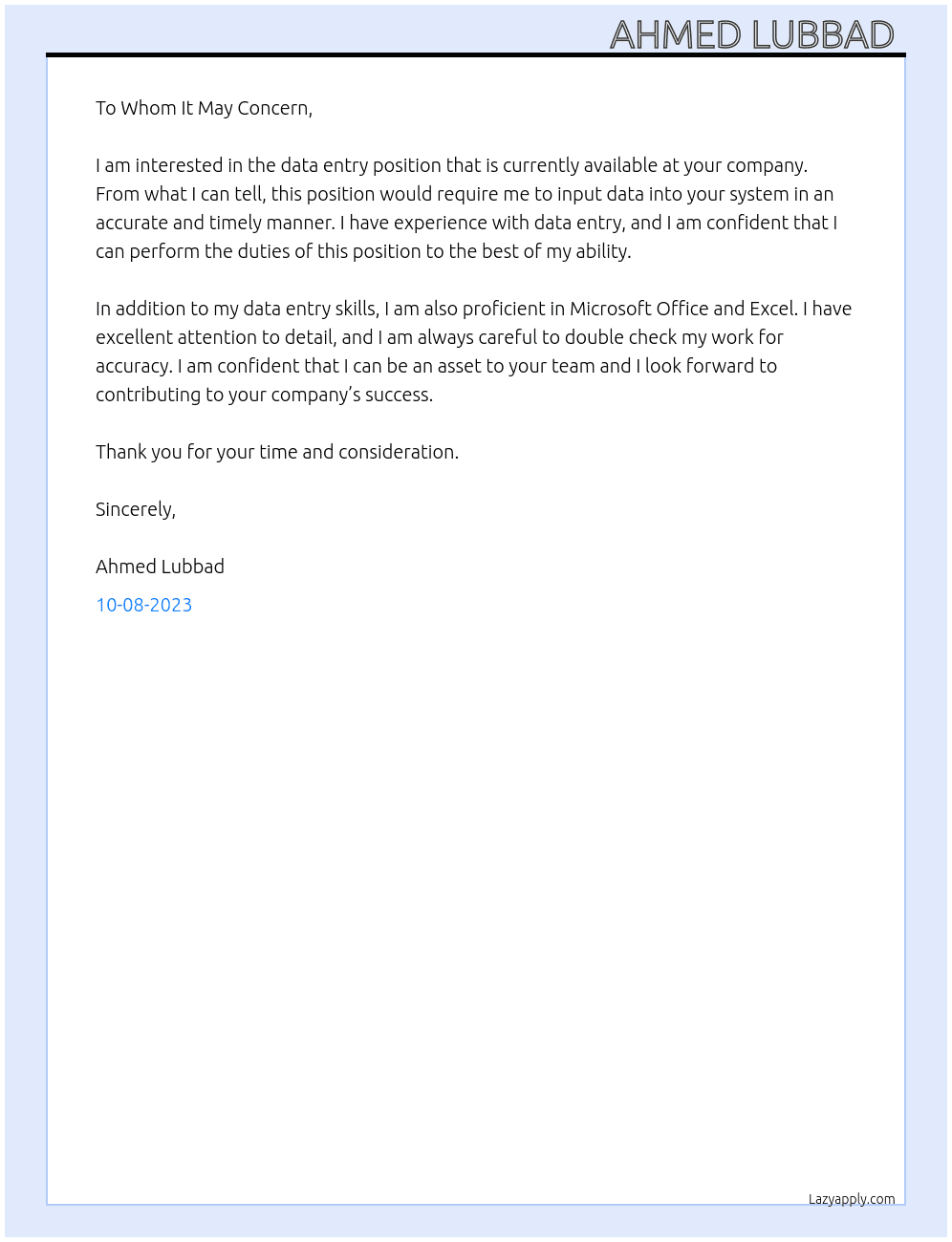 Data entry  At Not available  Cover Letter