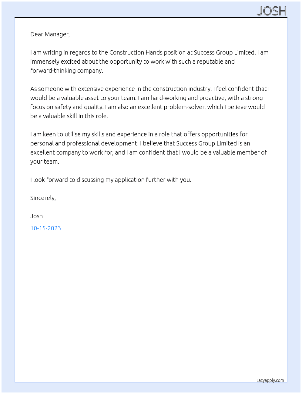 Construction Hands At Success Group Limited Cover Letter