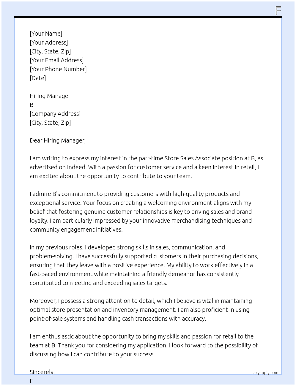 Cover letter for store sales associate - LazyApply