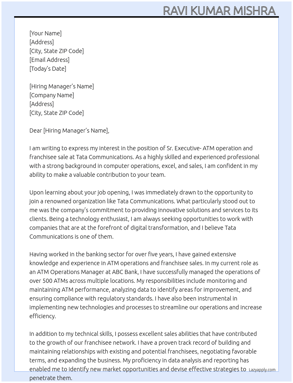 Sr. Executive- ATM operation and franchisee sale At Tata Communications Cover Letter