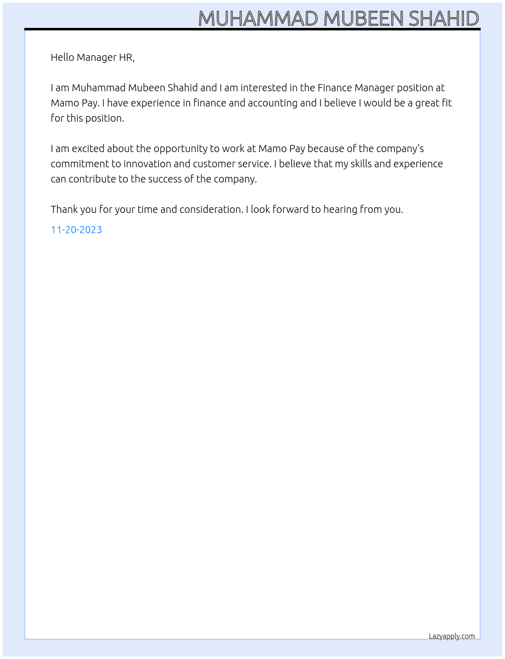 Finance Manager At Mamo Pay Cover Letter