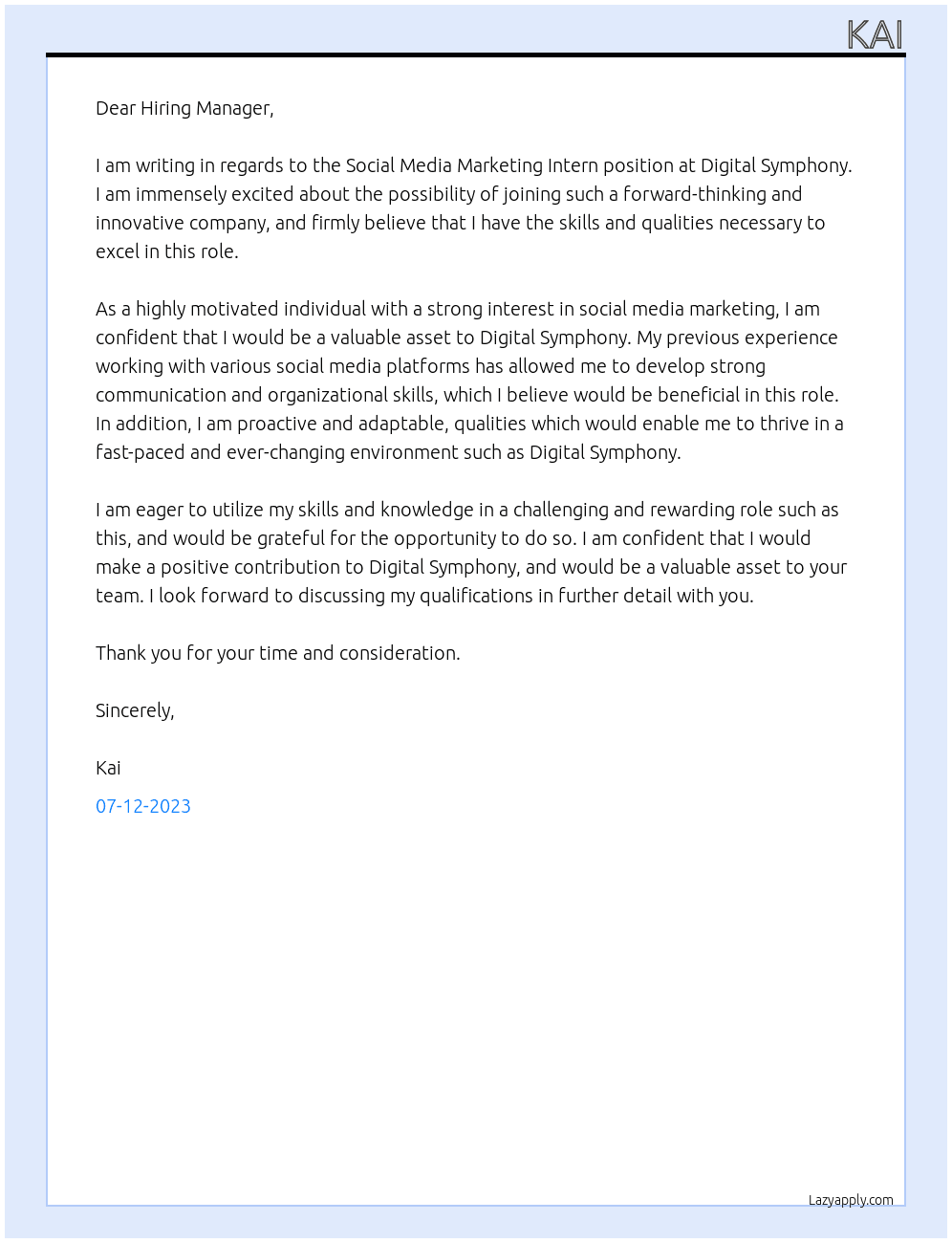 Social Media Marketing Intern At Digital Symphony Cover Letter