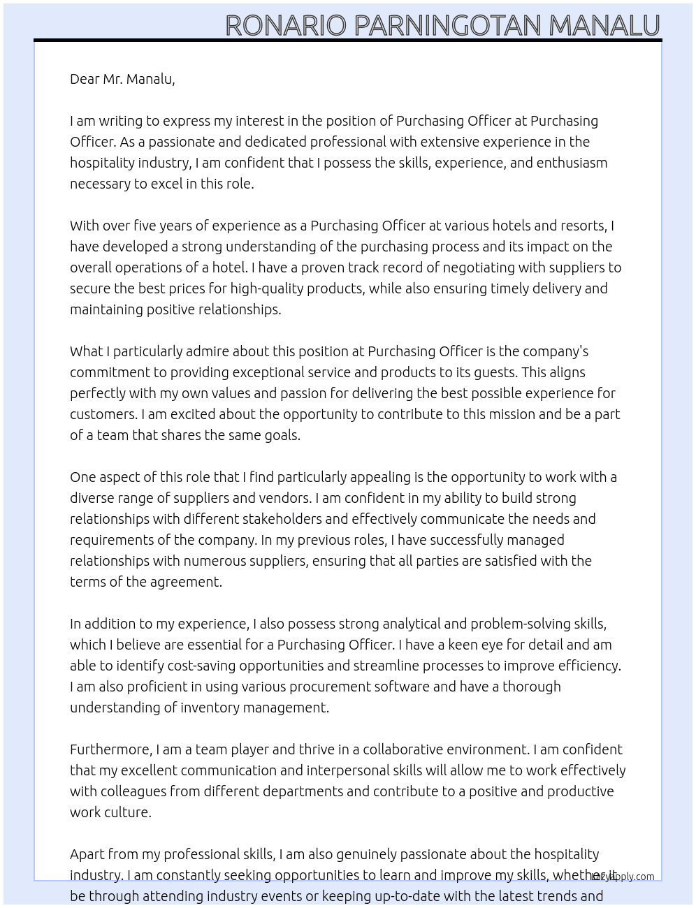 Purchasing Officer Hotel At Purchasing officer Cover Letter