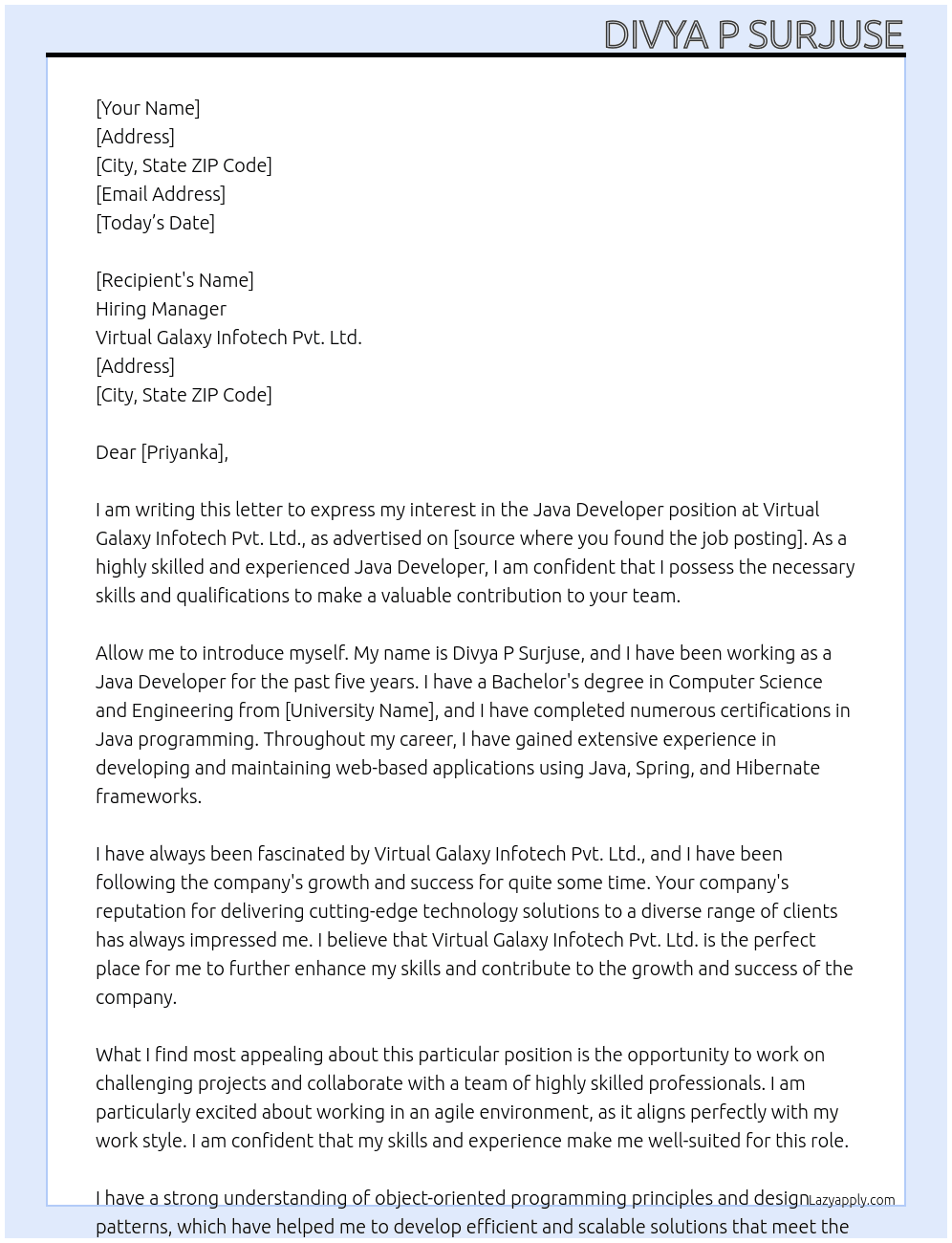 java developer At Virtual Galaxy Infotech Pvt. Ltd. Cover Letter