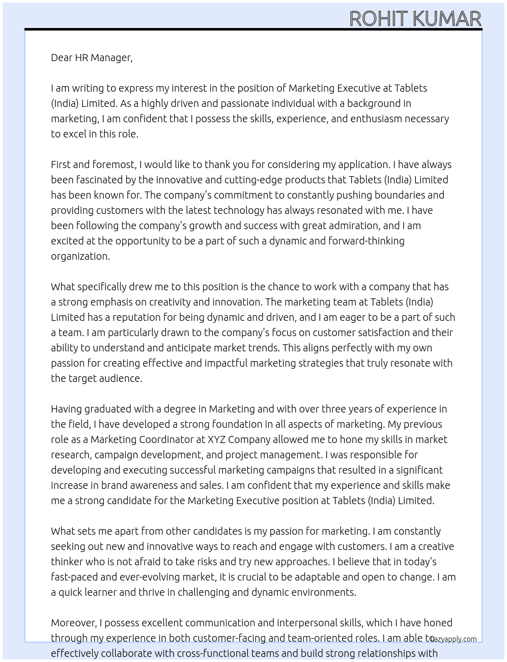 Marketing executive At Tablets (India) Limited  Cover Letter