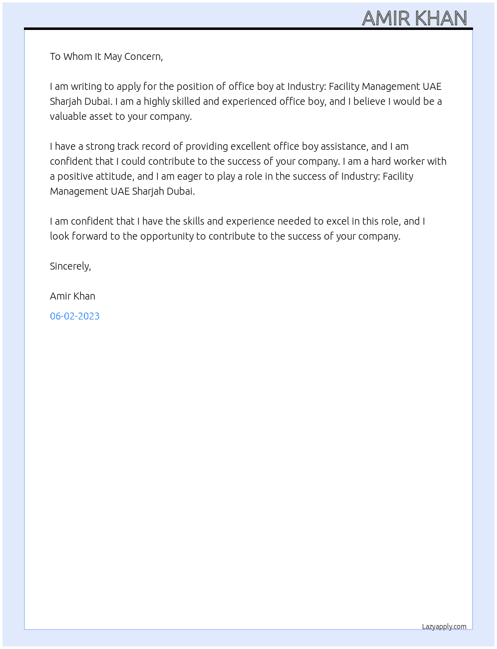 Office boy  At Industry: Facility Management UAE Sharjah Dubai  Cover Letter