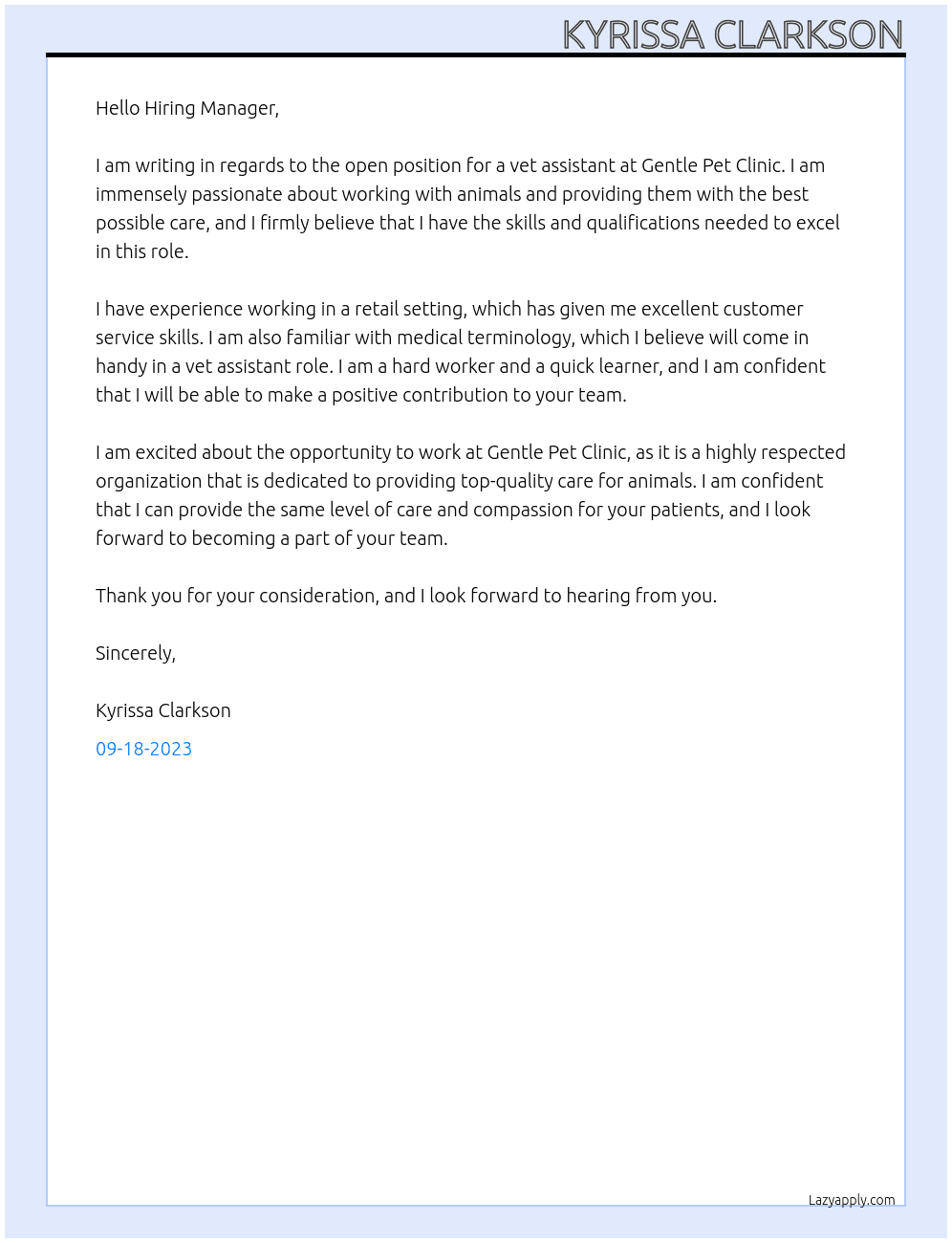 vet assistant At Gentle Pet Clinic Cover Letter