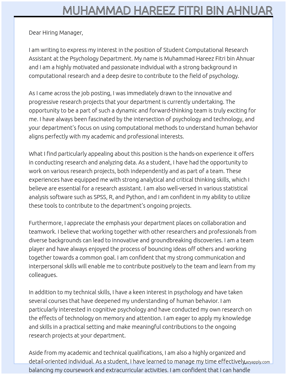 Student Computational Research Assistant At Psychology Department Cover Letter