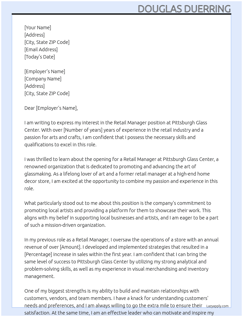 Retail Manager At Pittsburgh Glass Center Cover Letter