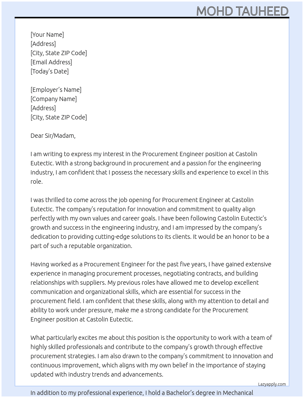 Procurement Engineer At Castolin Eutectic Cover Letter