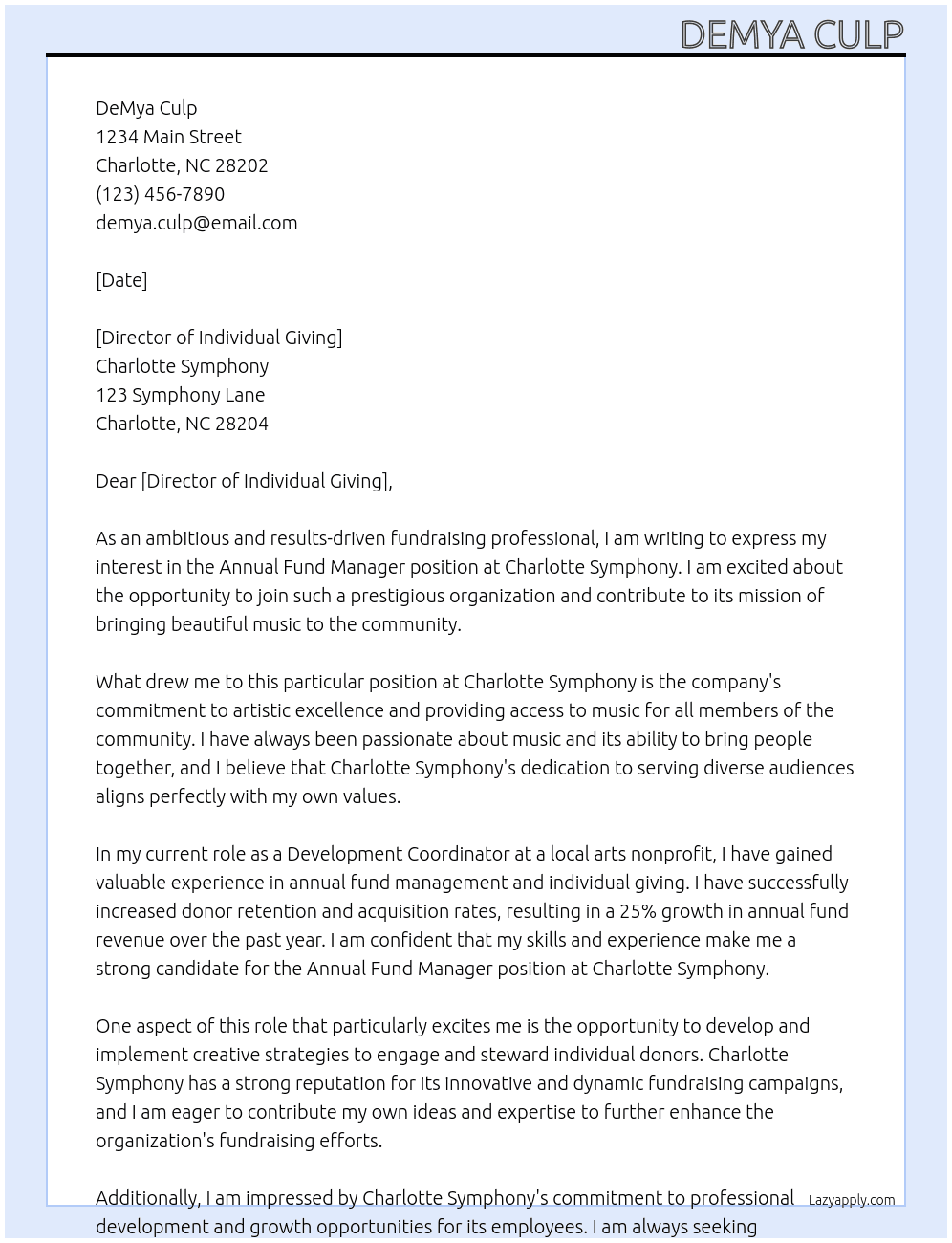 Annual Fund Manager At Charlotte Symphony Cover Letter