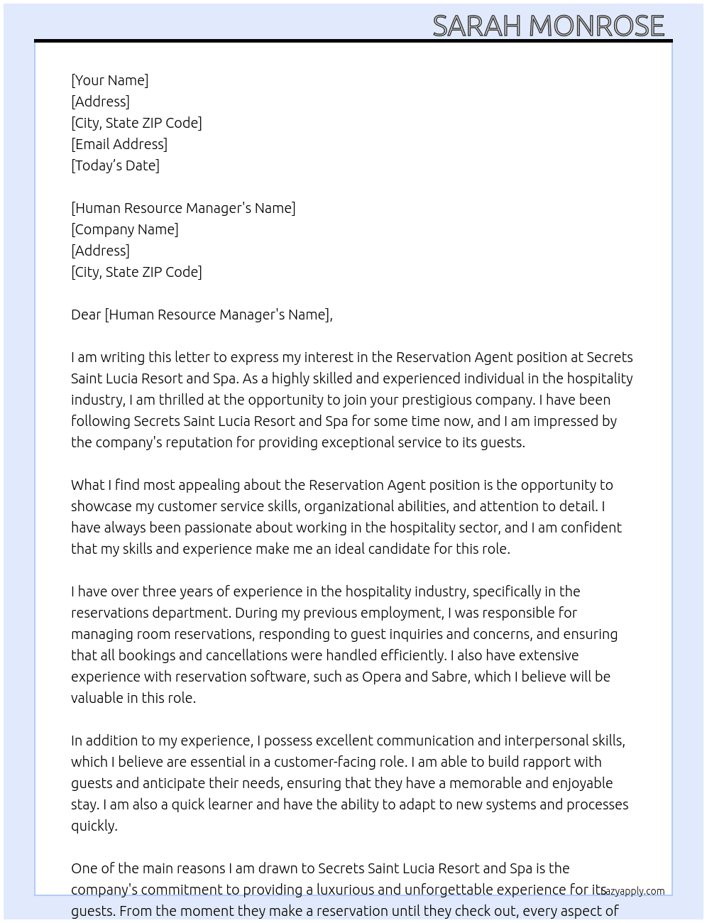 Reservation agent  At Secrets Saint Lucia resort and spa  Cover Letter