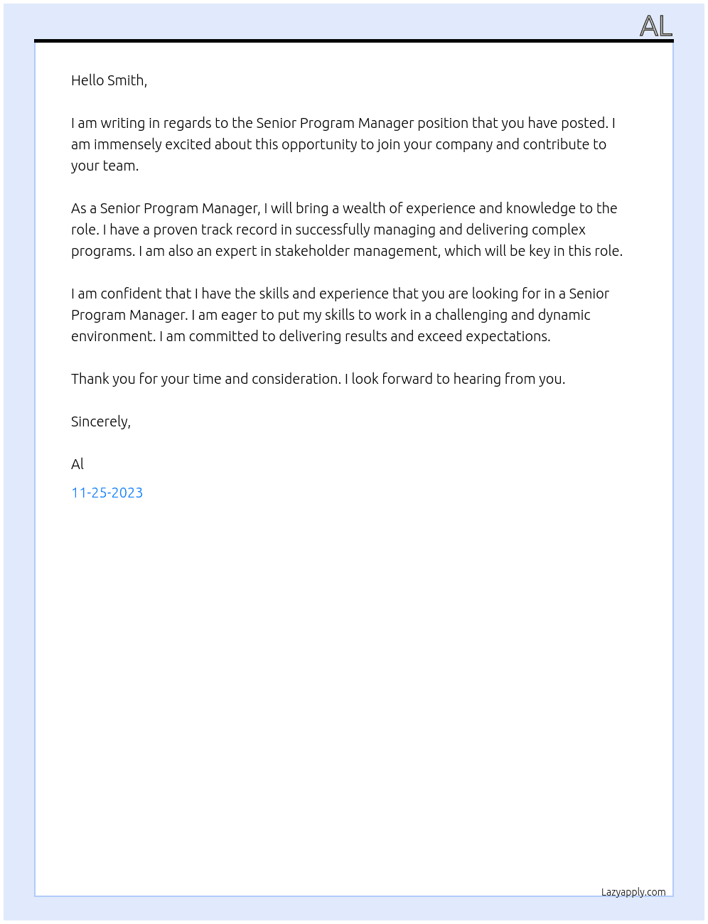 Senior Program Manager  At Smith Cover Letter