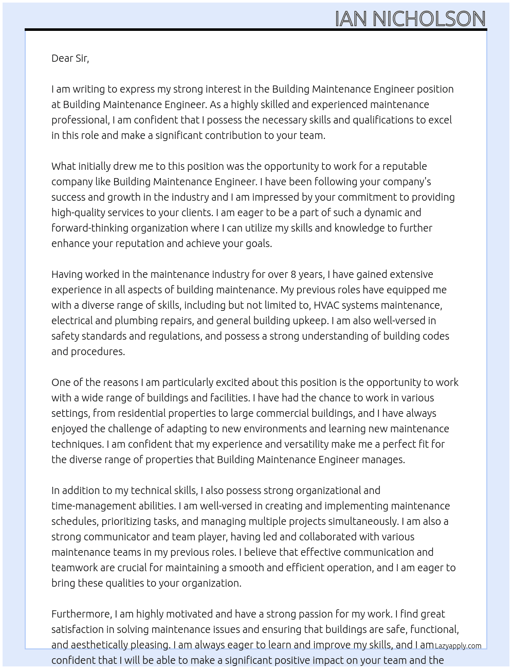 Building Maintenance Engineer At Building Maintenance Engineer Cover Letter