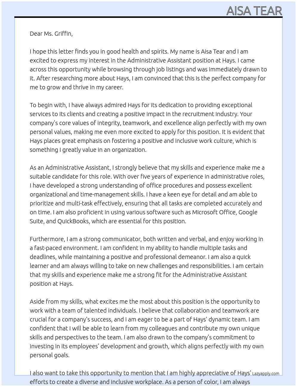 Administrative Assistant At Hays  Cover Letter