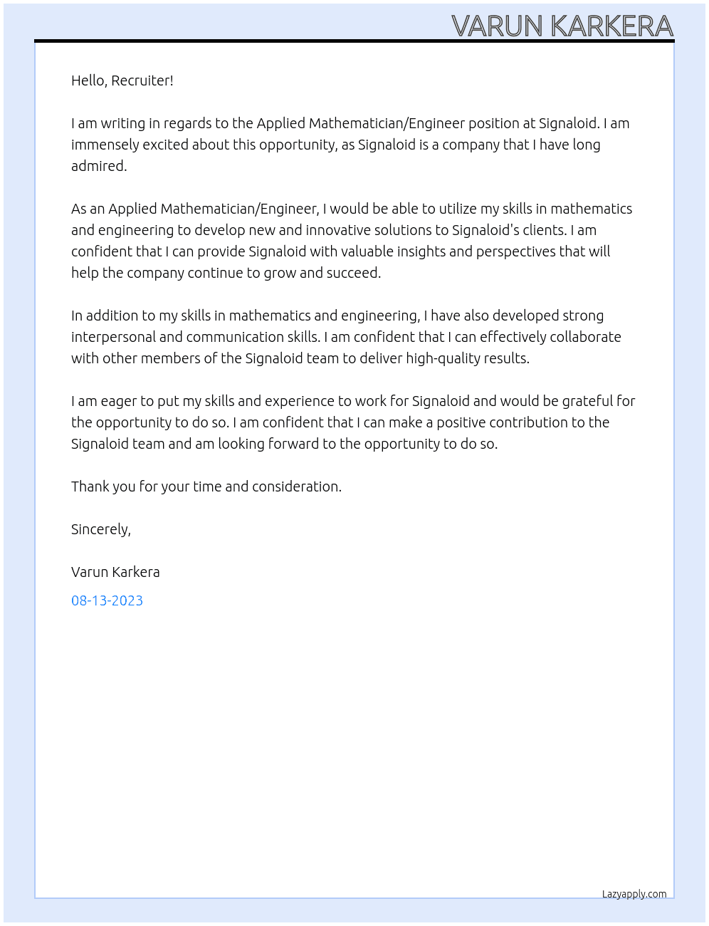 Applied Mathematician/Engineer At Signaloid Cover Letter