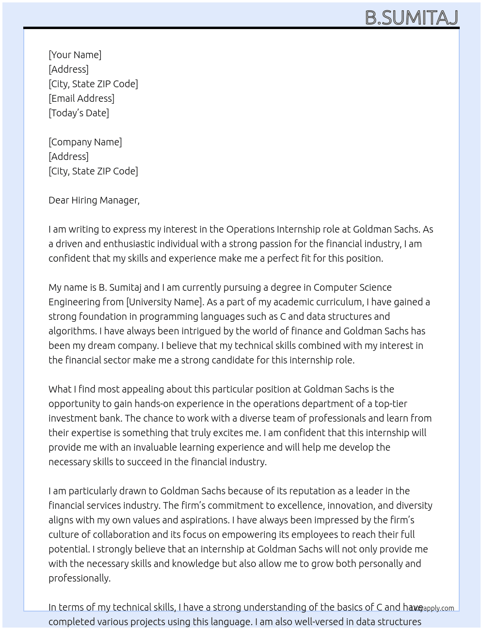 Operations  At Goldman Sachs  Cover Letter