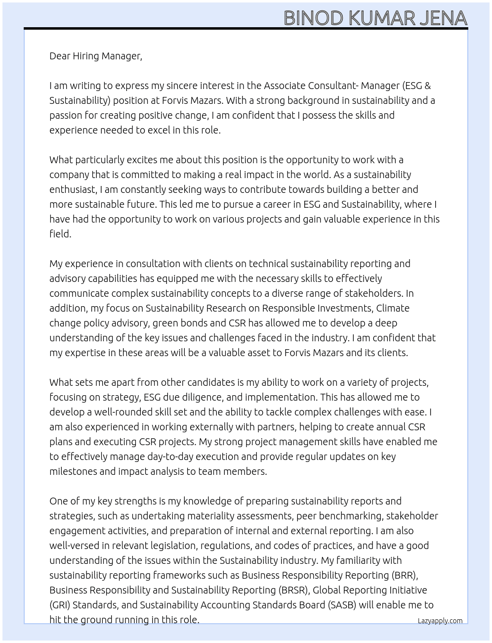 Associate Consultant- Manager (ESG & Sustainability) At Forvis Mazars Cover Letter