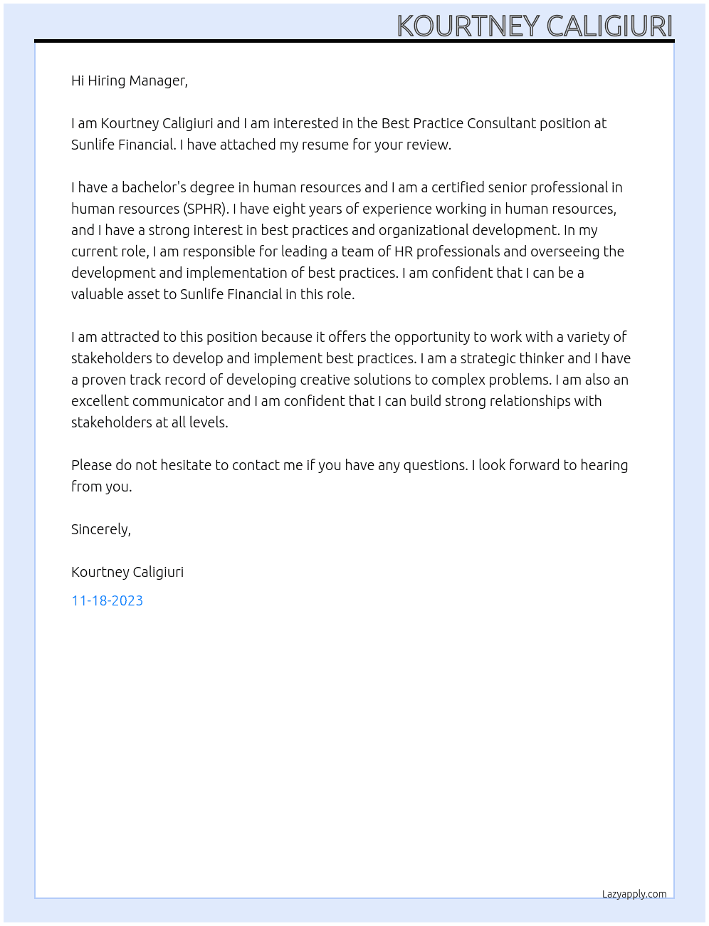 Best Practice Consultant At Sunlife Financial Cover Letter
