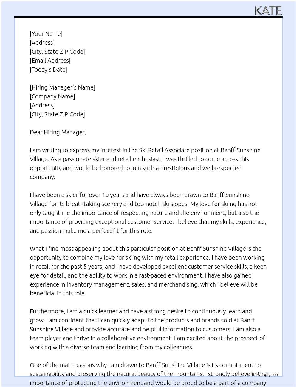 Ski Retail Associate At Banff Sunshine Village Cover Letter