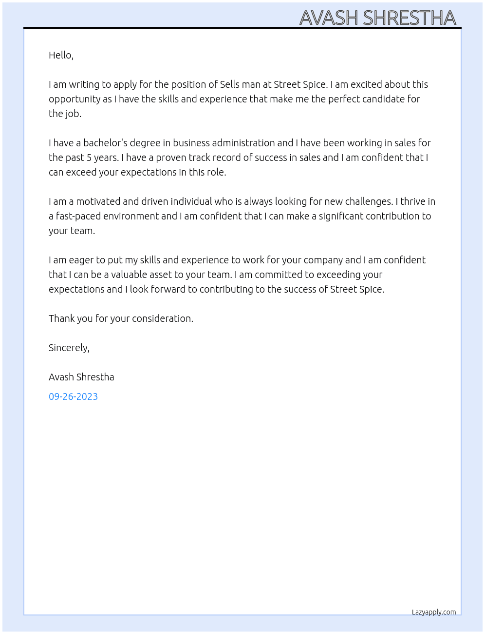 Sells man At Street Spice  Cover Letter