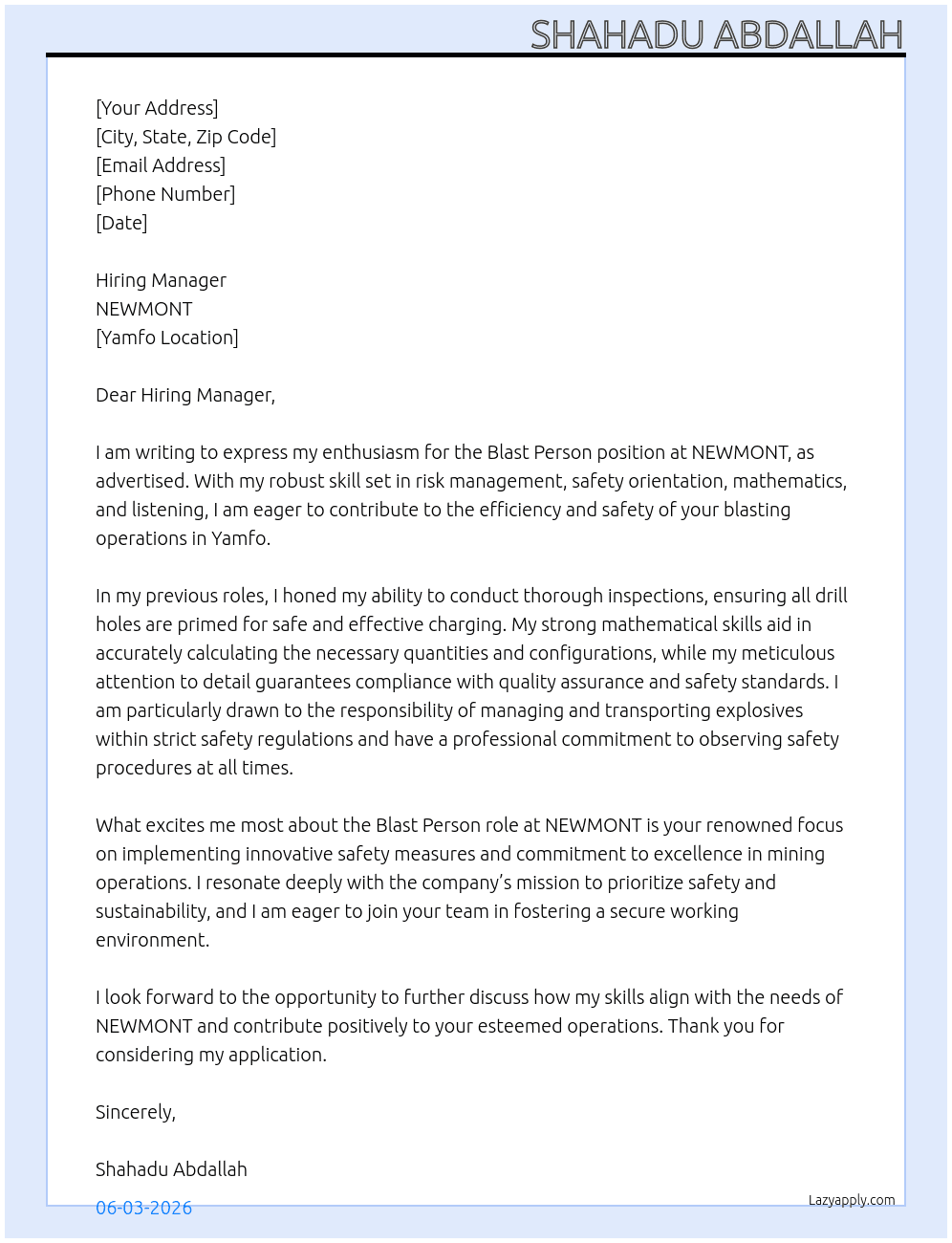 Blast Person At NEWMONT Cover Letter