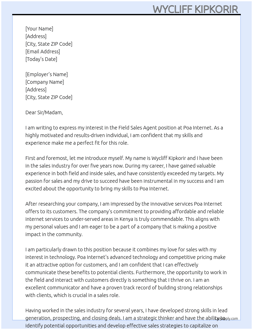 Field Sales Agent At Poa Internet  Cover Letter