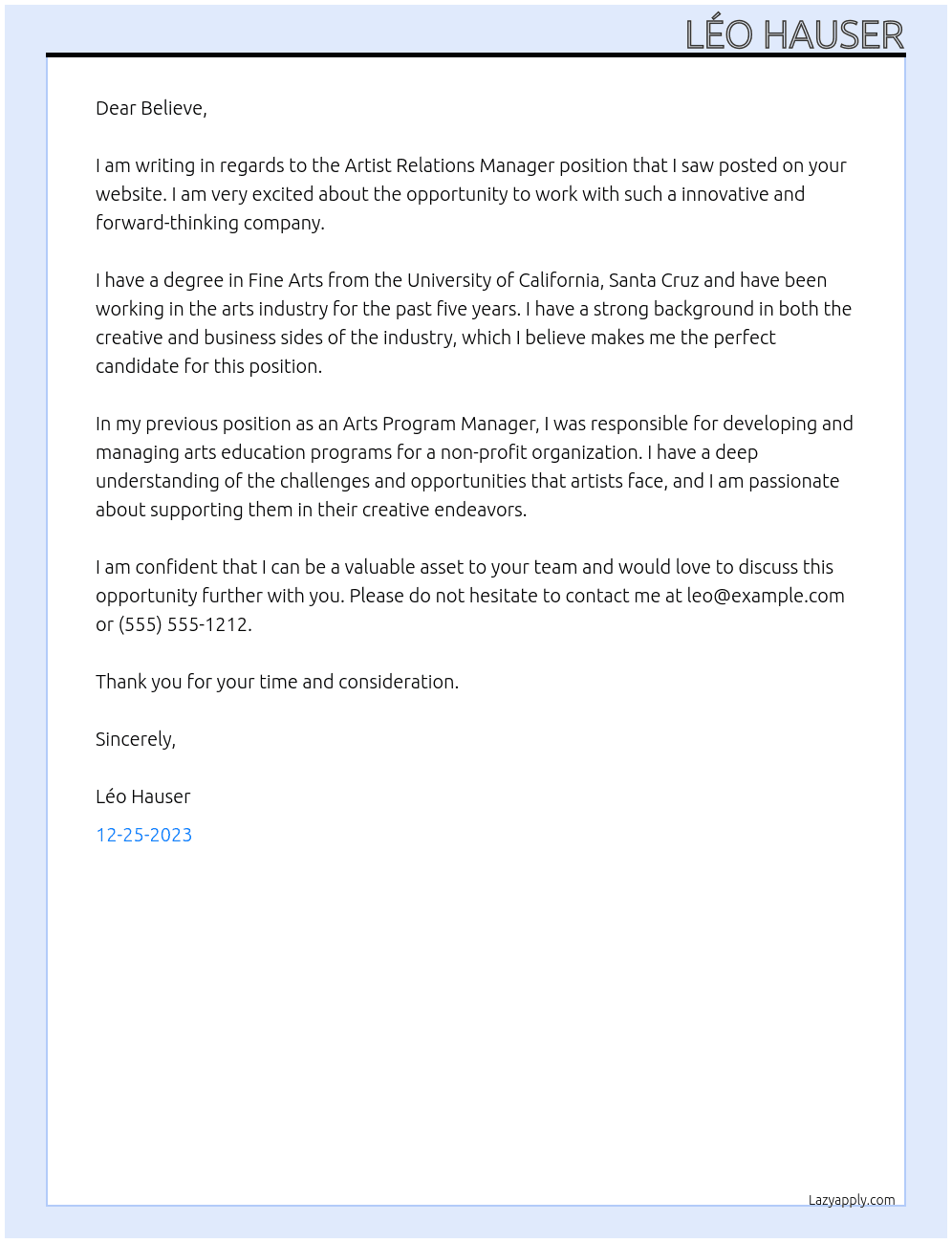 Artist Relations Manager At Believe Cover Letter