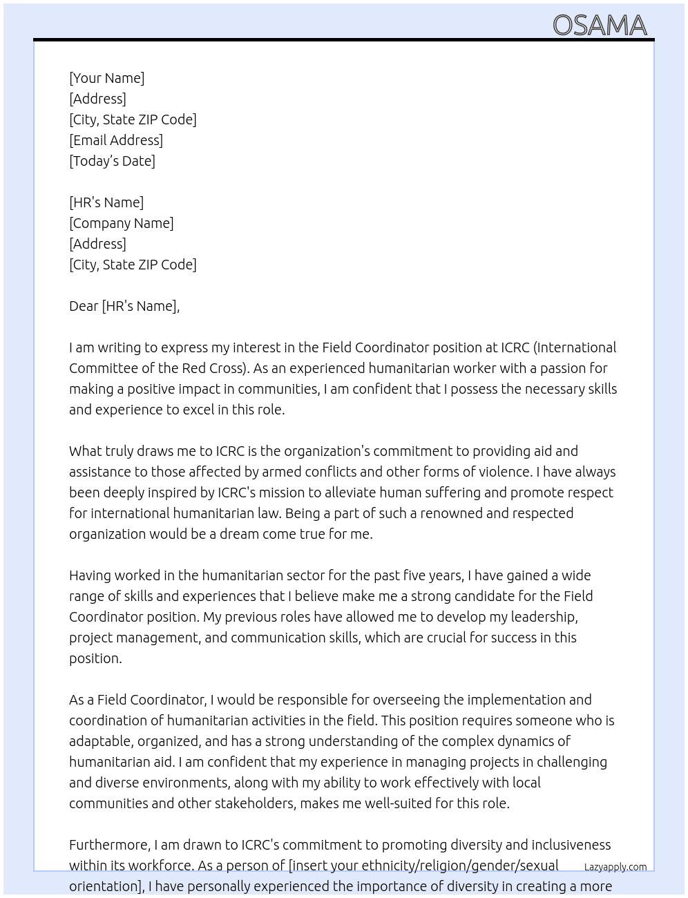 Field Coordinator  At ICRC Cover Letter