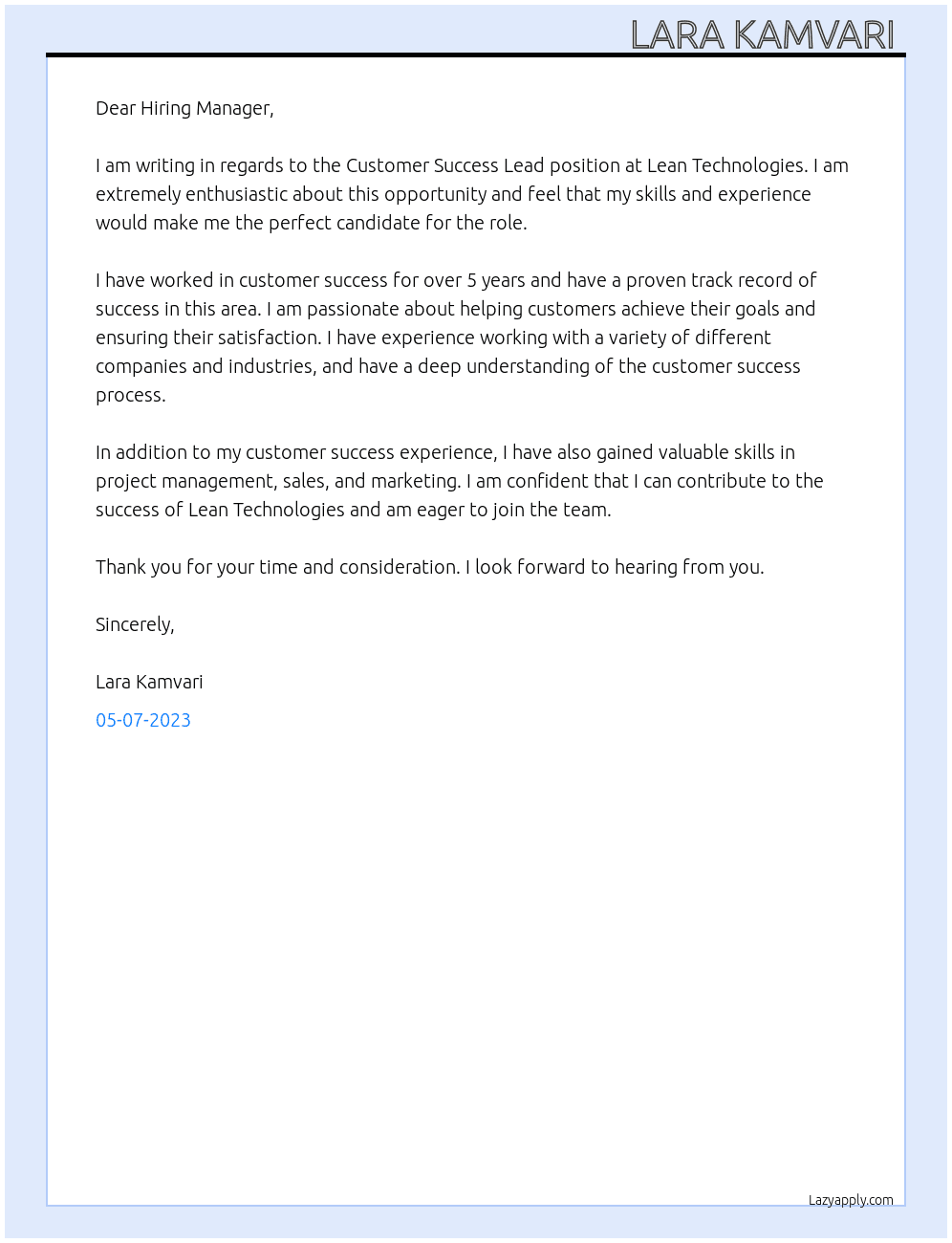 Customer success lead  At Lean technologies  Cover Letter