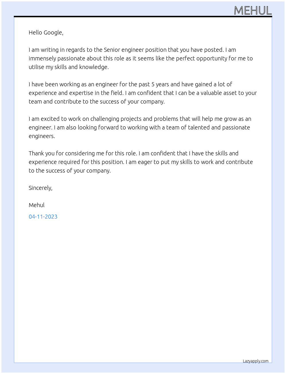 engineer At GoogleSenior engineer Cover Letter