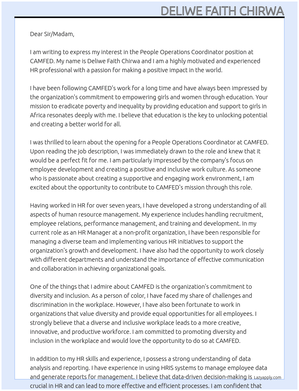 people operations coordinator At CAMFED Cover Letter